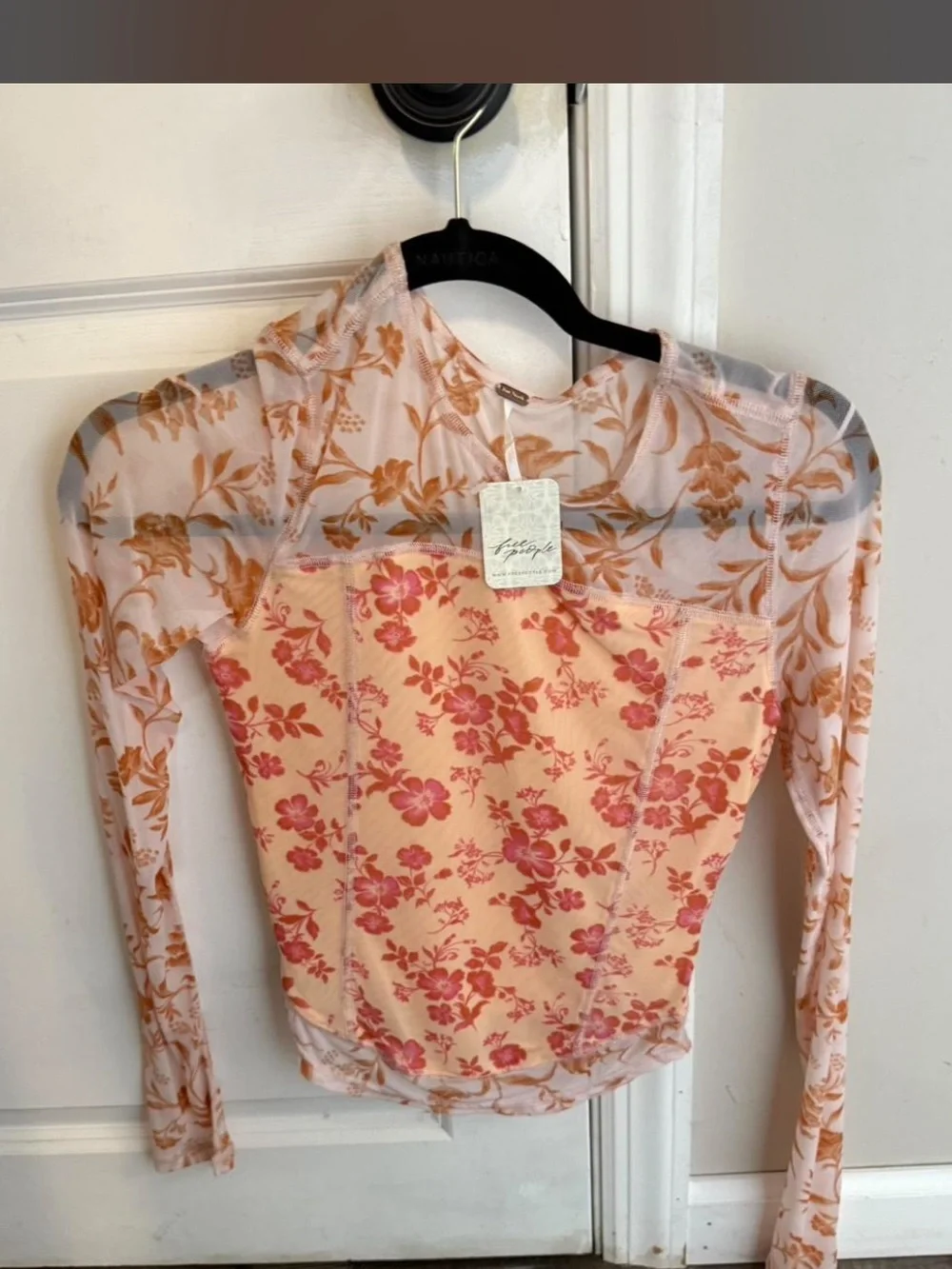 Free People Blush Pink Floral Mesh Long-Sleeve Top